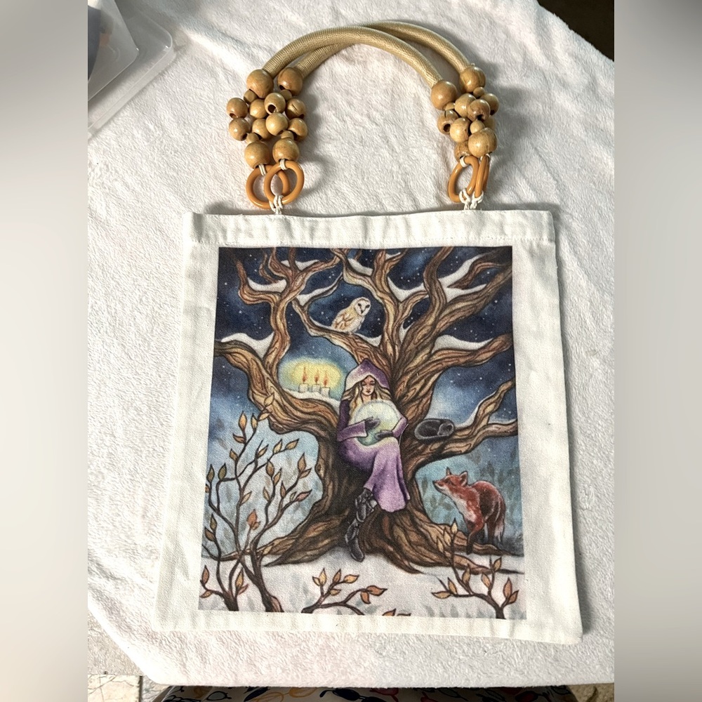 Artistic Tote Bag with Wooden Handles